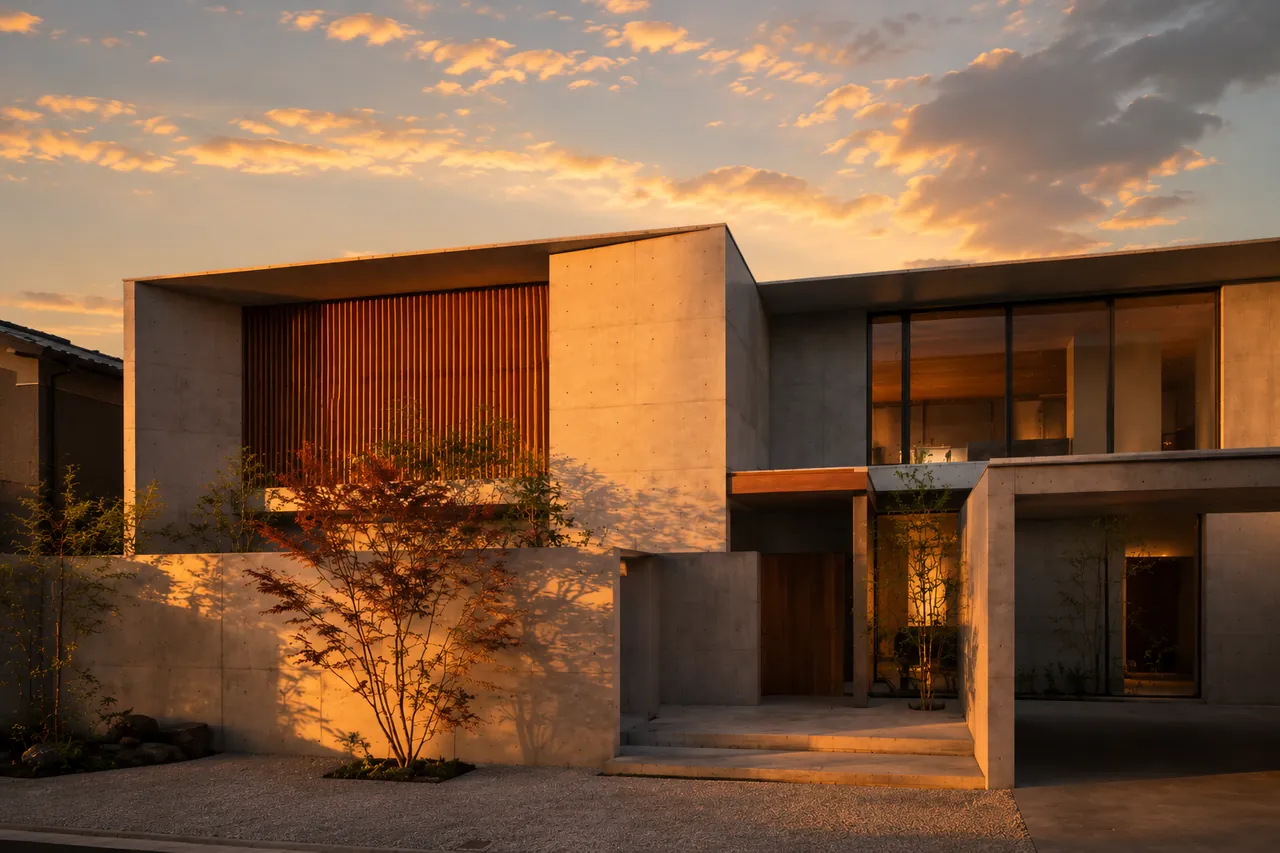 Home exterior and approach at dusk（Illustrative image）