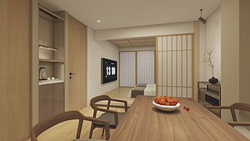 1丁目 客室：ダイニングとテレビ壁、障子の間仕切り（完成イメージ）