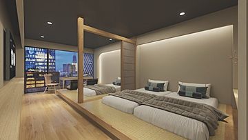 2丁目 客室：木のフレームのベッドと窓辺のデスク（完成イメージ）